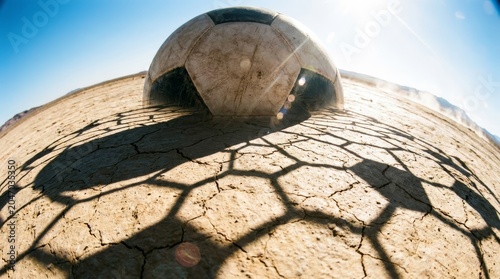 Close up low angle worn soccer ball on cracked dry earth with strong sunlight