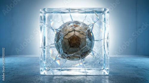 Soccer ball encased in cracked transparent ice cube with colorful light refractions