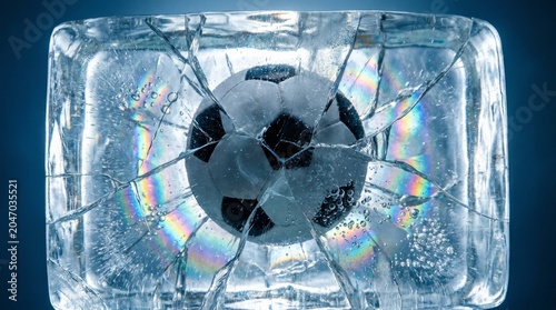 Soccer ball frozen inside cracked ice cube on blue background with light effects