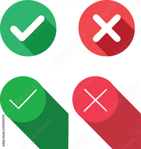 Green Check Mark and Red Cross Flat Vector Icon Set