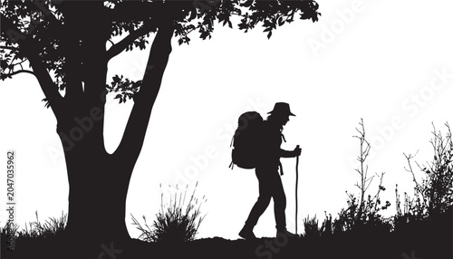 Obraz na płótnie Hiker Silhouette Walking with Trekking Pole Under Tree Branches Against a Minima