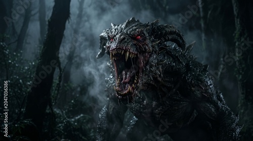 Ferocious fantasy creature with glowing red eyes and gaping maw in a dark, misty forest at night