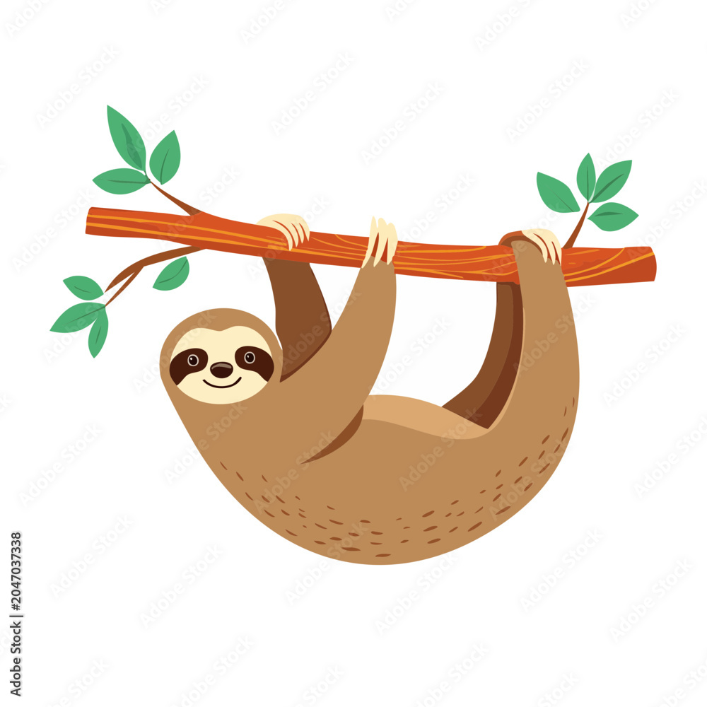 Fototapeta premium Cute flat design sloth hanging from a tree branch