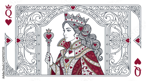 Tableau sur toile Queen of Hearts playing card, elegant illustration with regal woman and ornate f