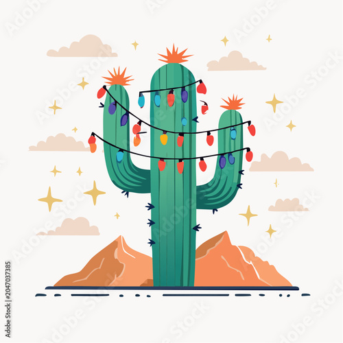 Festive Cactus Decorated with Christmas Lights in Desert Landscape