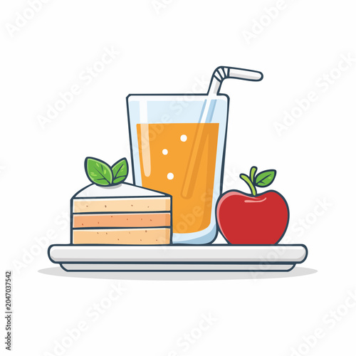 Slice of Cake, Apple, and Orange Juice