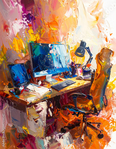 Creative desktop computer workspace vector background in vibrant abstract watercolor painting style