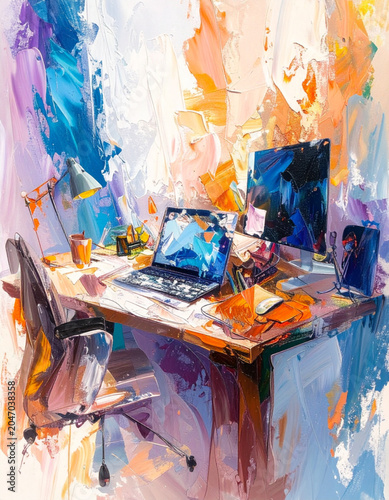 Abstract oil painting vector illustration of modern computer workspace with laptop and monitor