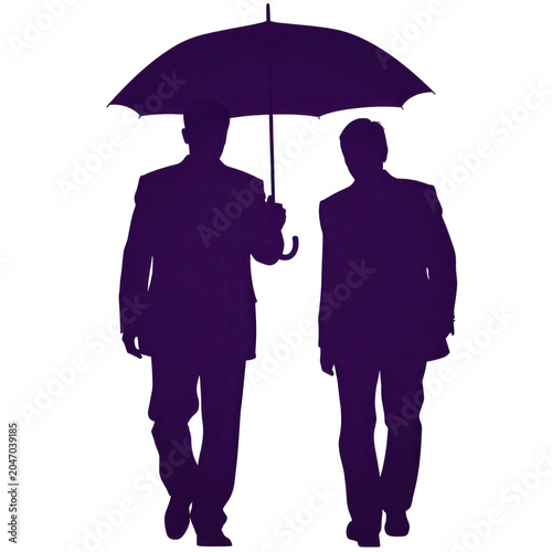 Purple Silhouette of Two People Sharing Umbrella Isolated