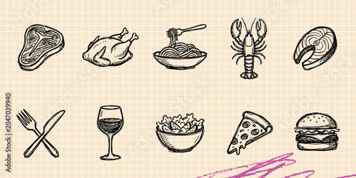 Foto Black ink scribble doodle vector vintage hand drawn set of fast food burger hotd