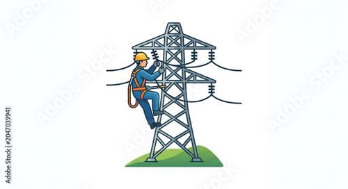 Electrician Climbing High Voltage Power Transmission Tower.
