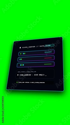 3D Isometric Server Rack Animation with Blinking Data Lights and Digital HUD Interface on Green Screen

