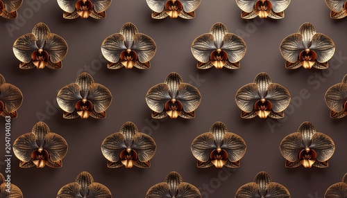 Seamless pattern of dark brown orchids with metallic accents creating an elegant and luxurious floral background