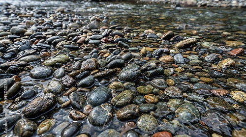 Close Up of Wet Pebbles on Riverbank with Natural Colors and Texture