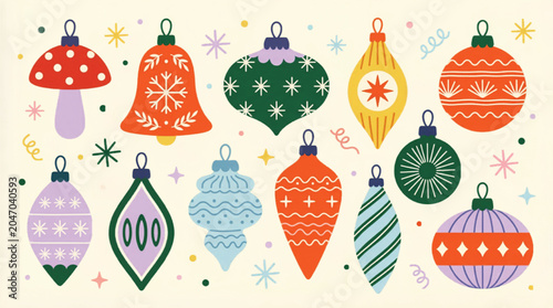 Cuadro en lienzo Retro Christmas ornaments vector set, vintage holiday baubles with mid-century p