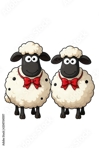 Two Cartoon Sheep with Red Bows Isolated