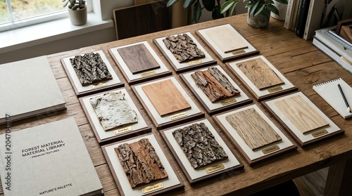 Wood Texture Samples Displayed on Wooden Table in Bright Natural Light