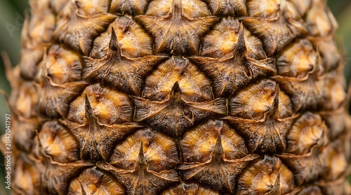 Close Up of Pineapple Skin Showing Textured Brown and Yellow Surface