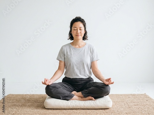 Young woman meditating in lotus pose on woven mat in bright minimalist room
