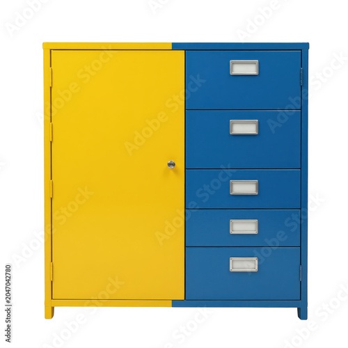 Yellow and Blue Metal Filing Cabinet Isolated
