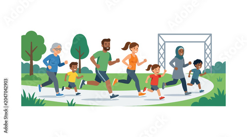 Obraz na plátně A diverse group of people of various ages and backgrounds jogging together outdoors