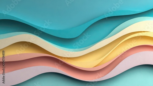 Colorful Layers of Paper Waves on a Soft Blue Background