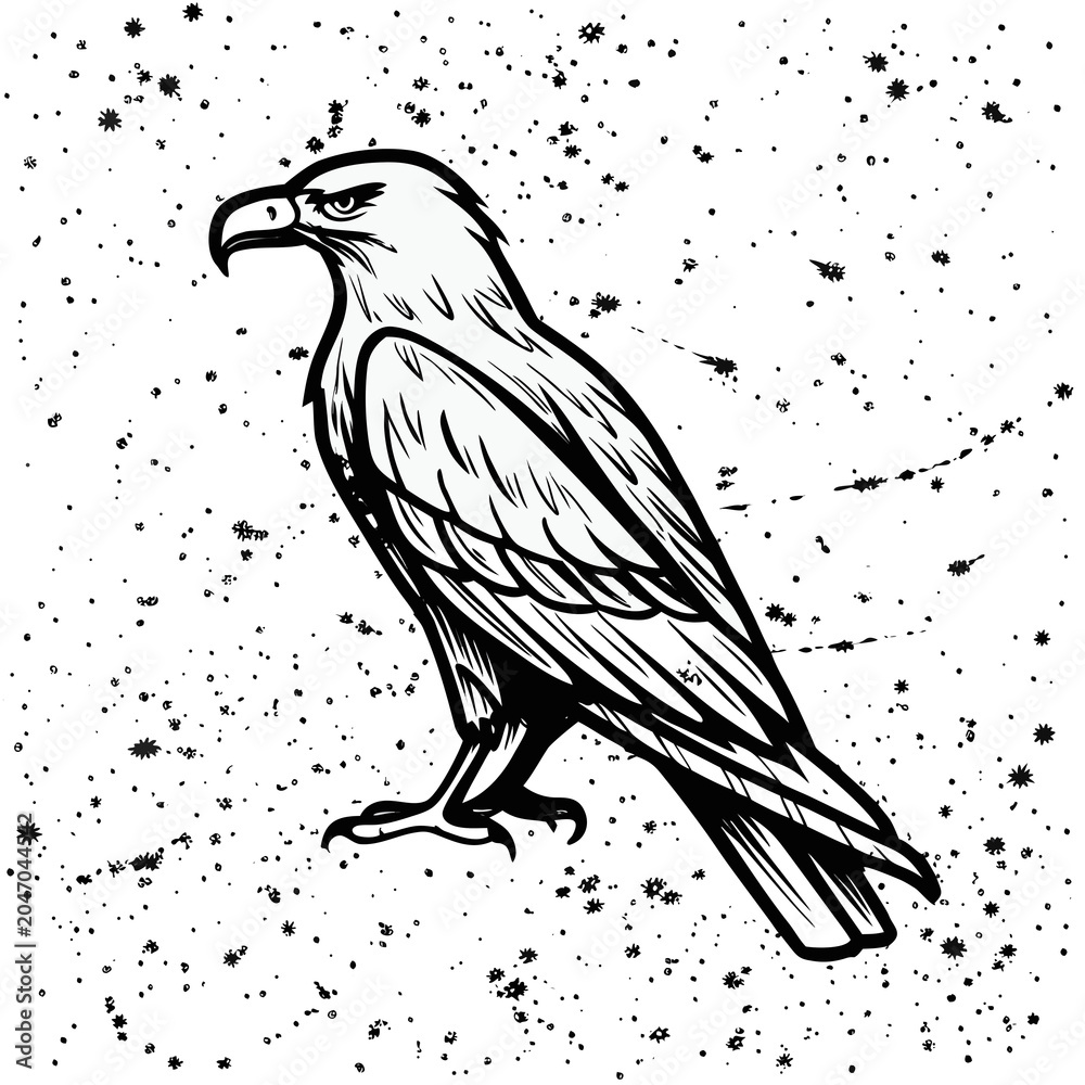 Fototapeta premium Proud bald eagle standing silhouette sketch vector over speckled splatter texture