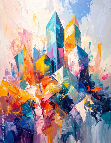 Vibrant crystal city abstract vector illustration with bright pastel geometric prisms and towers