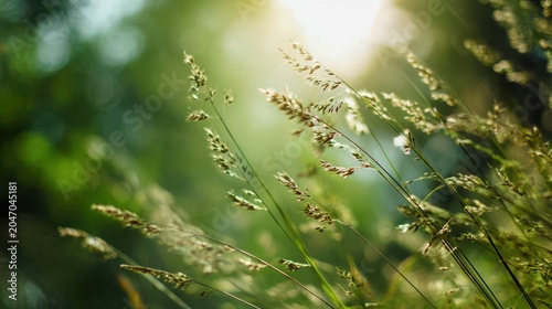 Sunlit Grass Blades in Meadow with Soft Bokeh Background Effect