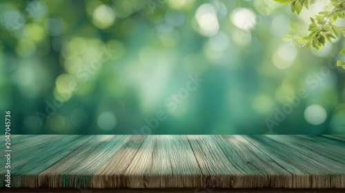 Calm Nature Background with Wooden Surface and Soft Bokeh Effect