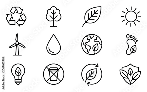 Set of hand drawn ecology icons for sustainable living and environment protection featuring green energy concepts