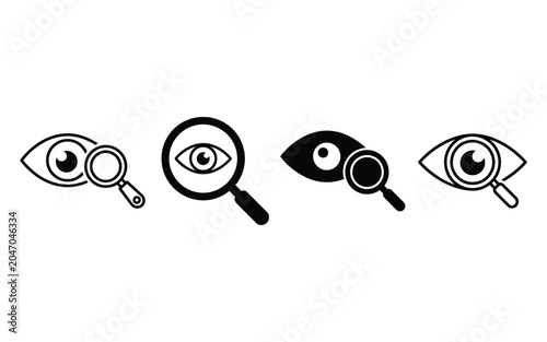 Set of black eye icons with magnifying glass symbols for research and analysis concepts in minimalist flat design