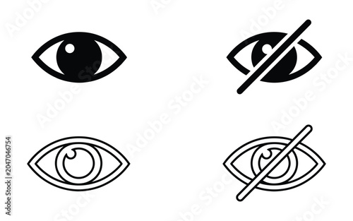 Set of black and white eye icons representing visibility and hidden status for user interface design and web graphics