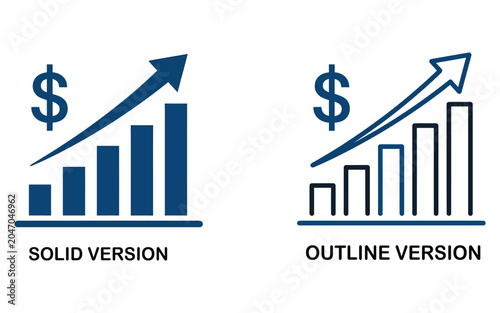 Business growth graph icons with rising dollar sign and arrow in solid and outline style for financial reports design