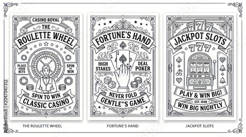 Vintage Casino Game Illustrations: Roulette, Poker, Slots