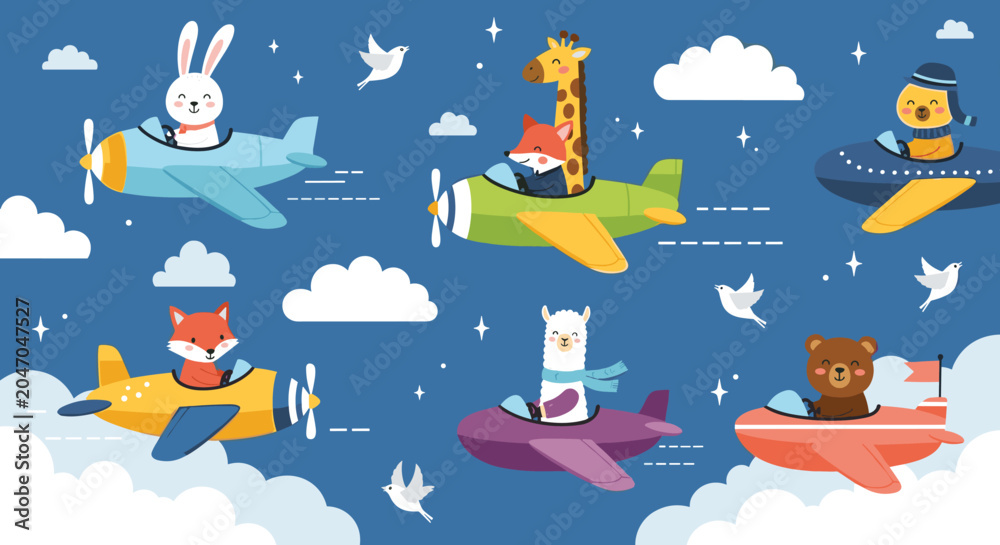 Naklejka premium Whimsical scene of various animals flying small colorful airplanes among white clouds in a starry blue night sky.