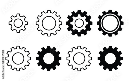 Set of black and white gear icons showing different mechanical cog wheel designs for engineering and industrial projects