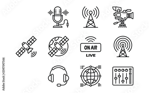 Set of broadcast and communication icons featuring radio equipment satellite technology and media studio devices