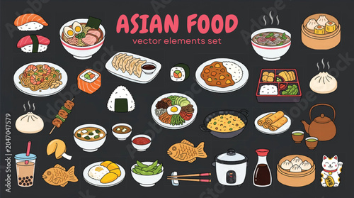 Photos Asian food vector elements set, hand drawn Japanese and Chinese cuisine illustra