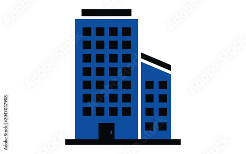 Blue modern office building icon illustration representing a corporate headquarters or business real estate property