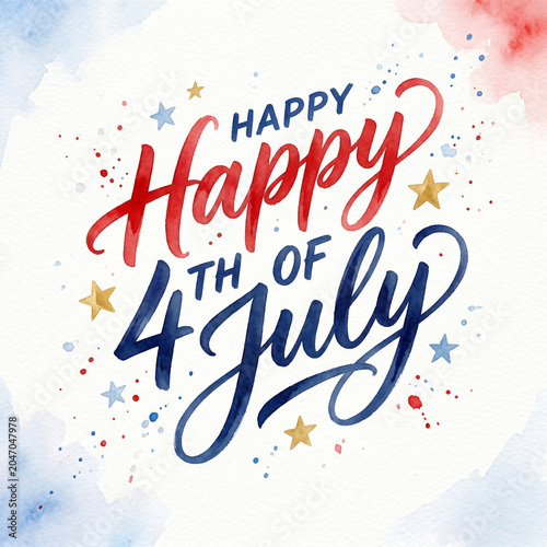 Watercolor Happy 4th of July Typography with Patriotic Paint Splash
