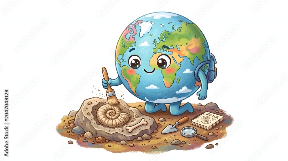 Fototapeta premium Cute planet Earth character discovering a fossil in a science exploration illustration.