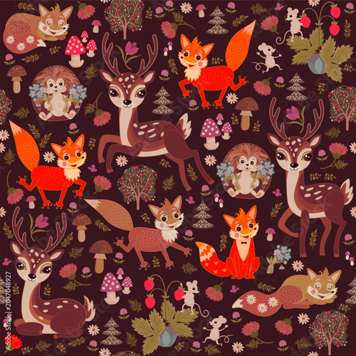 Forest seamless pattern with bright foxes and soft coloring mice, hedgehogs, ...