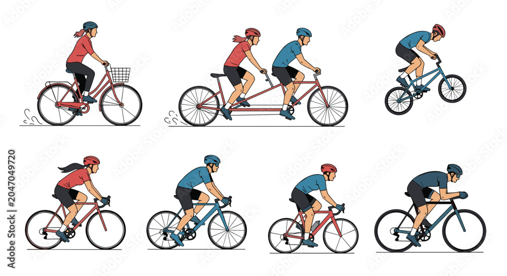 Naklejka premium Set of diverse people riding different types of bicycles including tandem bikes, professional road cycles, city bikes, and stunt bmx bikes.