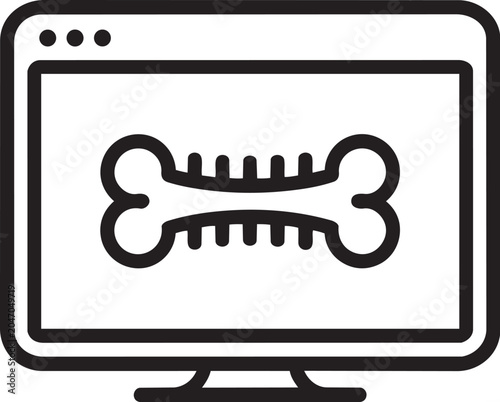 Black and white computer monitor with a bone on screen
