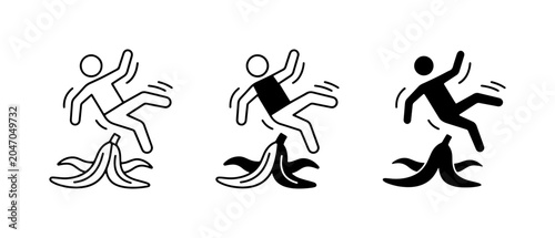 Fotografía Slipping Hazard Icons, Banana Peel Danger, Falling Person Symbols, Safety Warnin