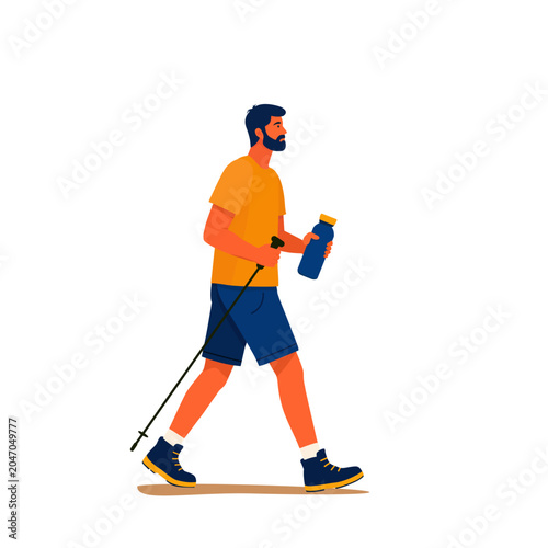 Backpacker Hiker Character Walking with Trekking Pole and Water Bottle