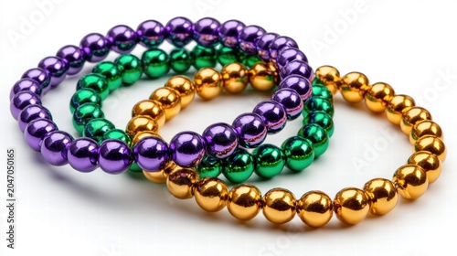 Mardi Gras beads in purple, green, and gold on a white background.
