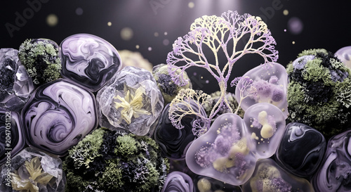 Futuristic cyber sci-fi Microcosmic Macro, minerals with macroscopic flora ecosystem
