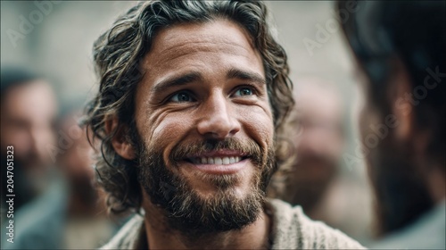 A smiling man with a beard looking up, possibly Jesus, in a crowd